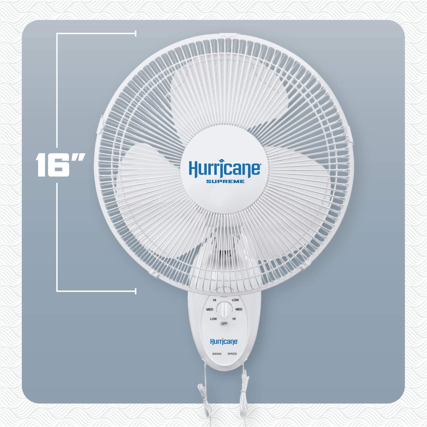 Hurricane 16' Supreme Oscillating Wall Mount Fan w/ 3 Quiet Speeds, White - Corded Electric Air Cooling Unit w/ Easy Pull Cord Controls for Homes, Greenhouses, Garages, Workshops & Gyms