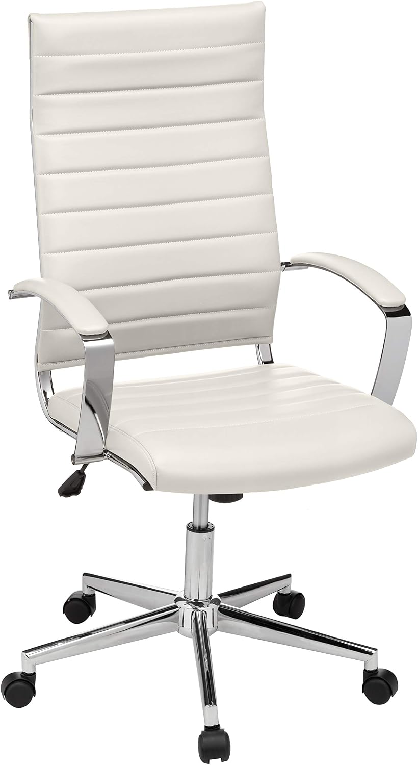 Amazon Basics High-Back Swivel Office Chair with Lumbar Support, Ergonomic Ribbed Faux Leather, Modern Style, 45.25' x 24.75' x 23.25', Stunning White