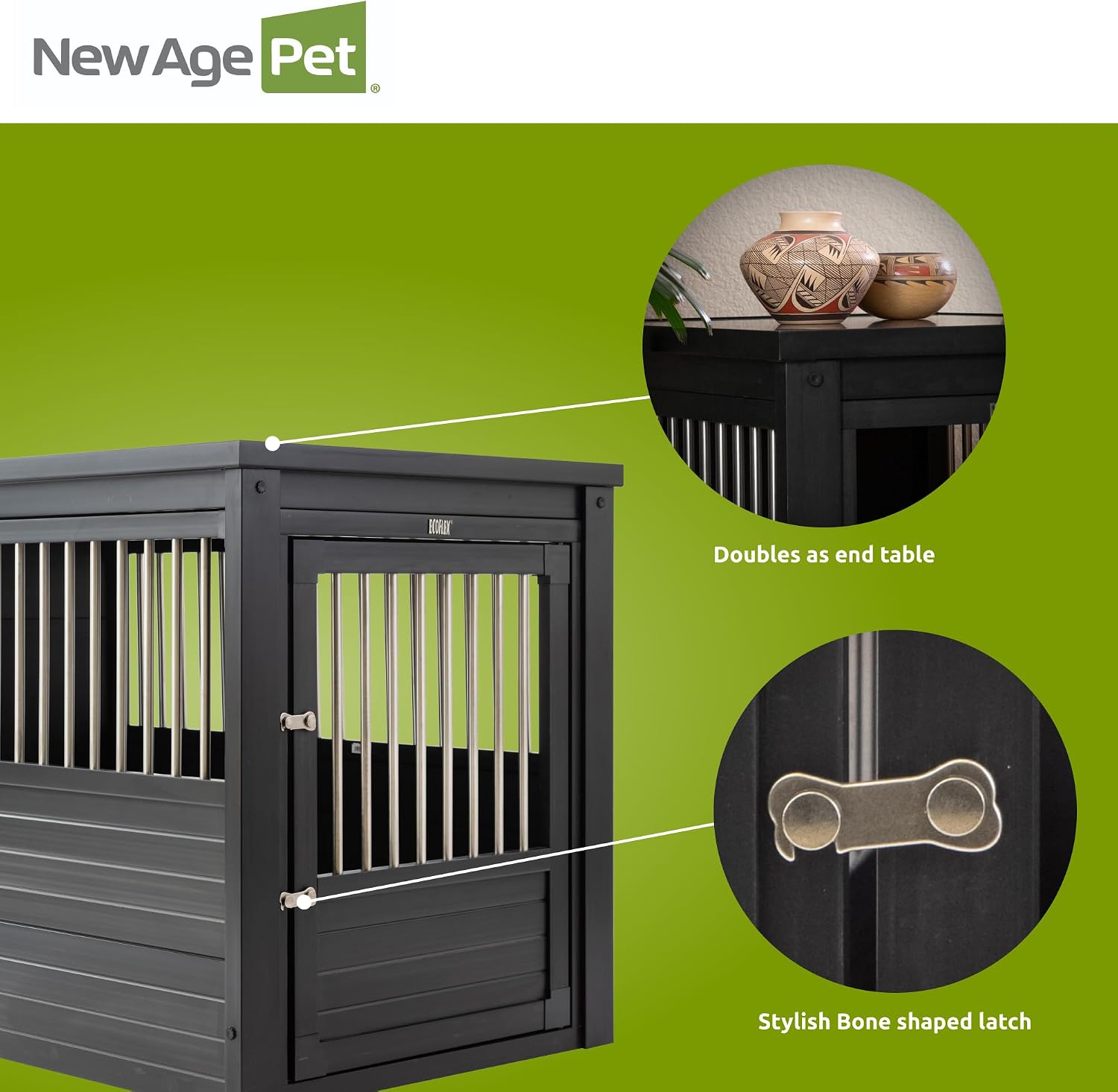 New Age Pet ECOFLEX InnPlace Dog Crate & End Table, Furniture-Style Indoor Kennel for Crate-Trained Dogs, Stainless Steel Spindles, 10-Year Warranty. 4 Colors, 4 Sizes