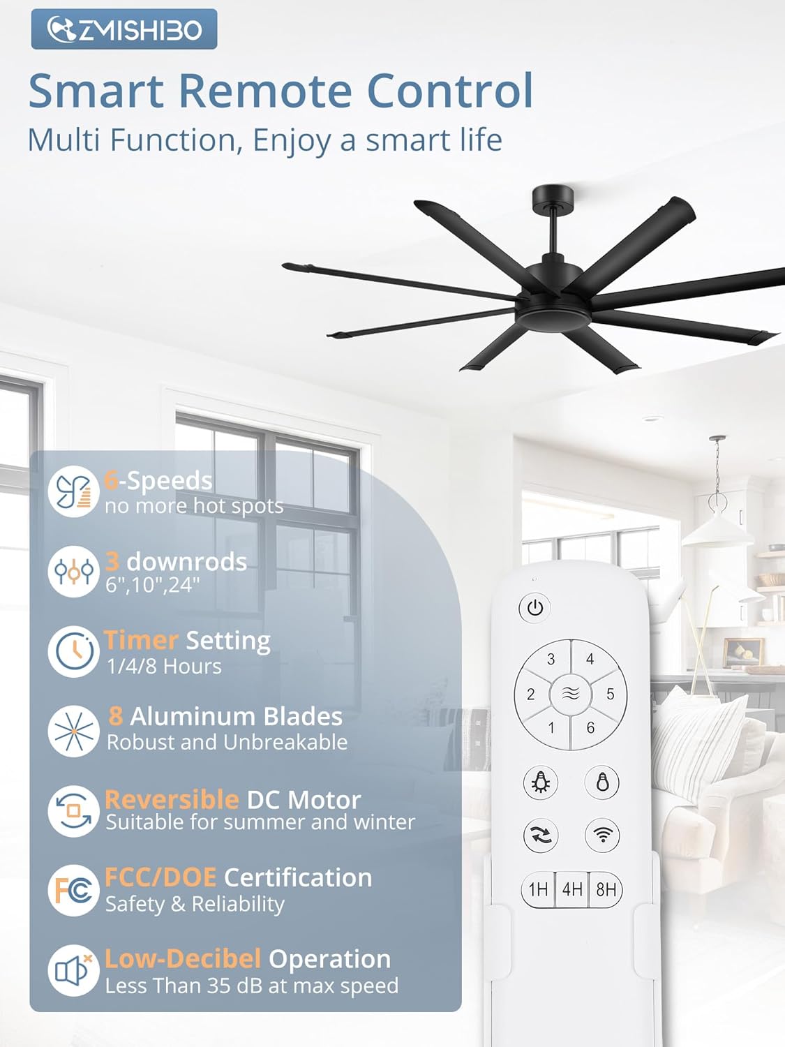 ZMISHIBO 72 Inch Large Ceiling Fan No Light, 8 Aluminum Blades, 6-Speed Remote Control, Industrial Ceiling Fan without Light, Quiet DC Motor, Indoor/Outdoor Ceiling Fans for Patio, Garage, Shop