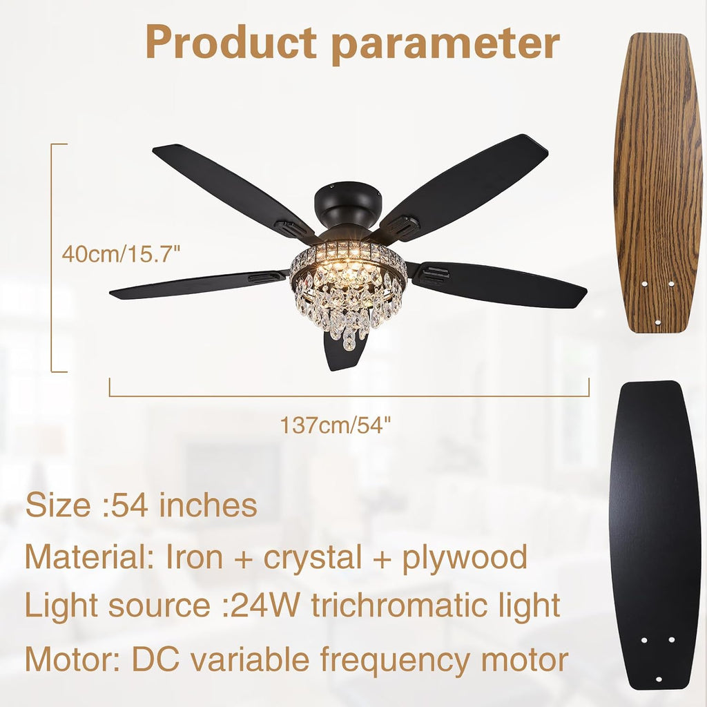 Crystal Ceiling Fan Fandelier with Lights-Ceiling Fans with Lights,54' Low Profile and Remote Control, Flush Mount, Reversible, Dimmable, Noiseless, Black Ceiling Fan for Bedroom
