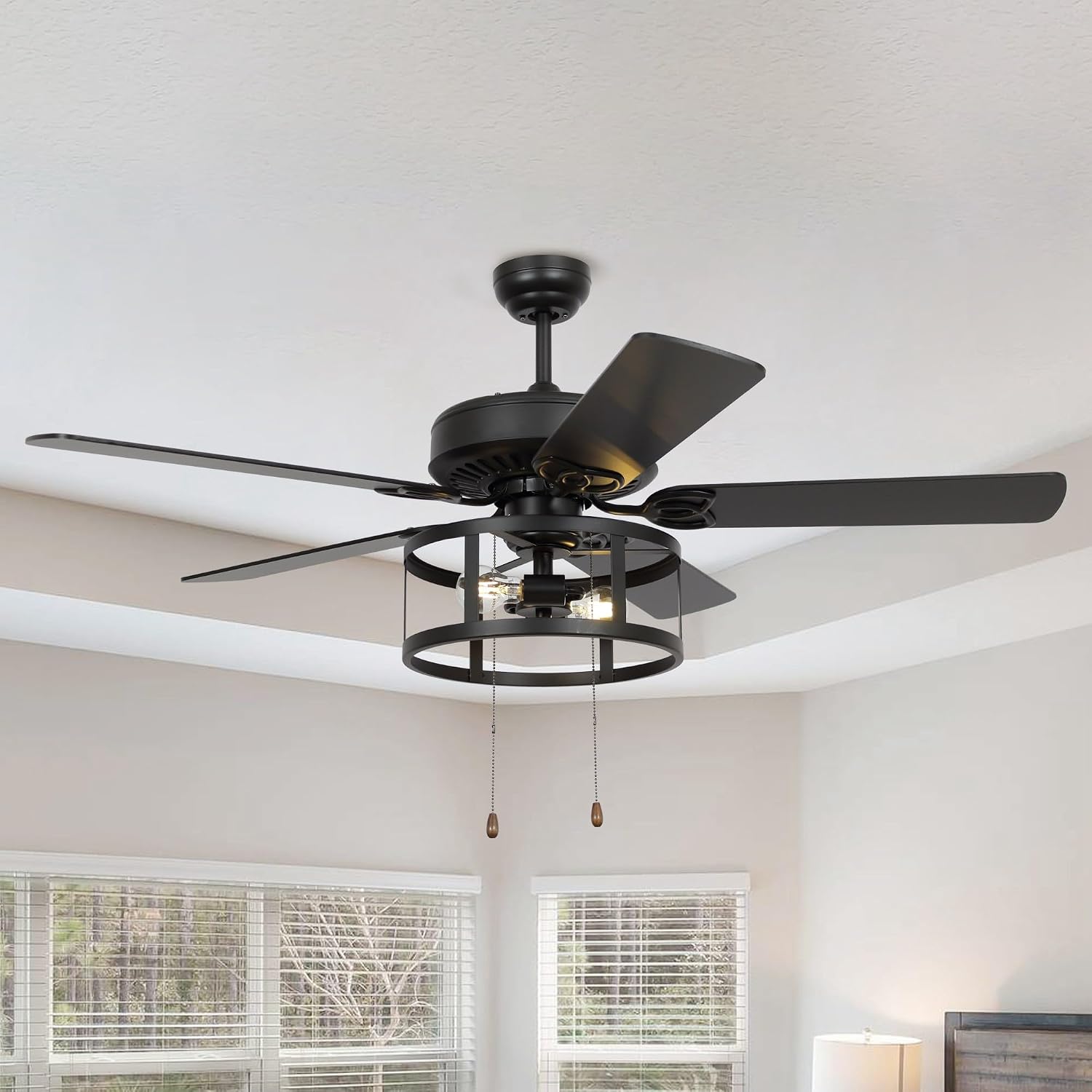 52 Inch Ceiling Fans with Lights, Farmhouse Black Ceiling Fan for Bedroom Living Room, Rustic Outdoor Ceiling Fans for Patios, Pull Chain Control, 3 Speeds, Reversible Airflow, ETL
