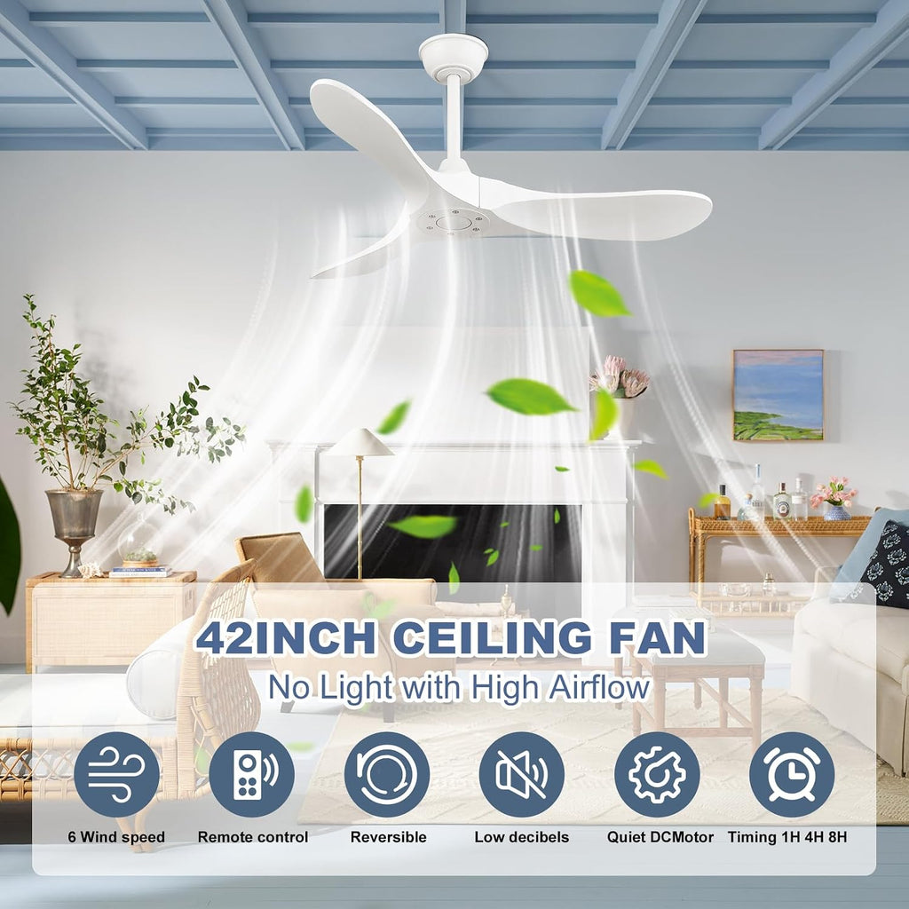 42'' Ceiling Fan no Light,Outdoor Ceiling Fan with Remote Control,3 Solid Wood Blades with Large Airflow for Bedroom,Living Room,Porch (white)