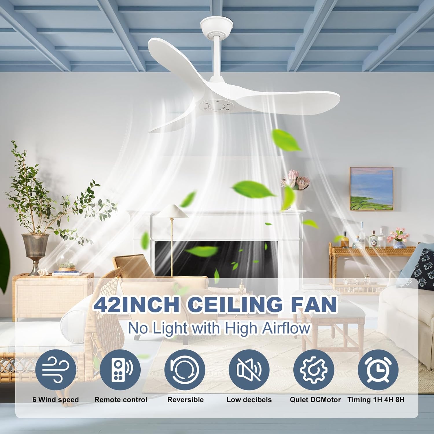 42'' Ceiling Fan no Light,Outdoor Ceiling Fan with Remote Control,3 Solid Wood Blades with Large Airflow for Bedroom,Living Room,Porch (white)