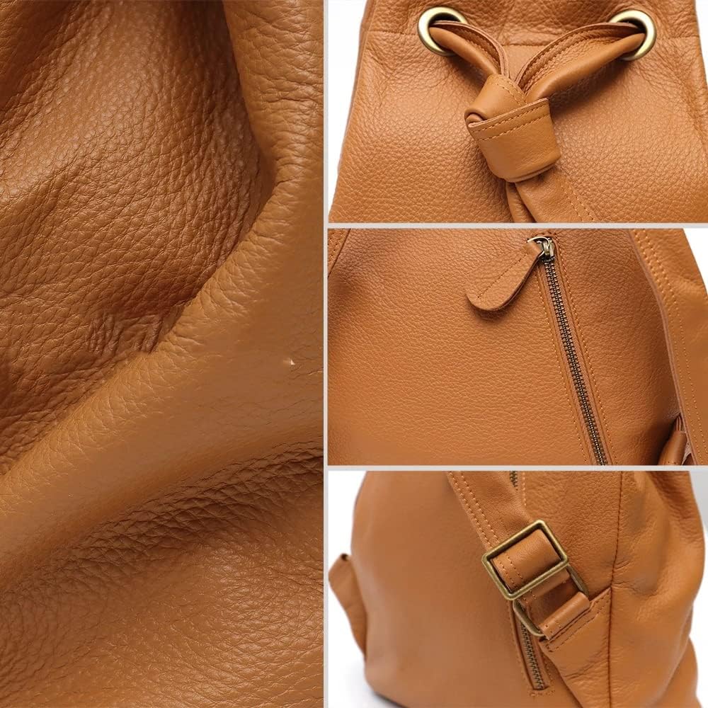 Genuine Leather Backpack Women Fashion Knot Drawstring Casual Shoulder Bag Purse Large School Knapsack(D)