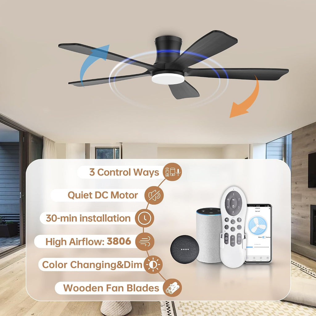 52'Wood Smart Flush Mount Ceiling Fans with Lights Remote,Control via WIFI Alexa Google App,6 Speed,Quiet DC Motor,Modern Black Outdoor Indoor Low Profile Ceiling Fan for Bedroom Patio Porch