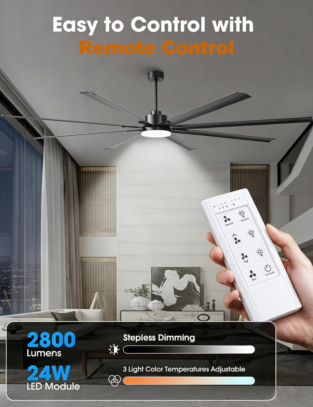100 Inch Ceiling Fans with Lights and Remote, Black Large Ceiling Fan with Dimmable LED & 3CCT, Reversible DC Motor, Outdoor Ceiling Fans for Patios Shop Garage Living Room Commercial Spaces