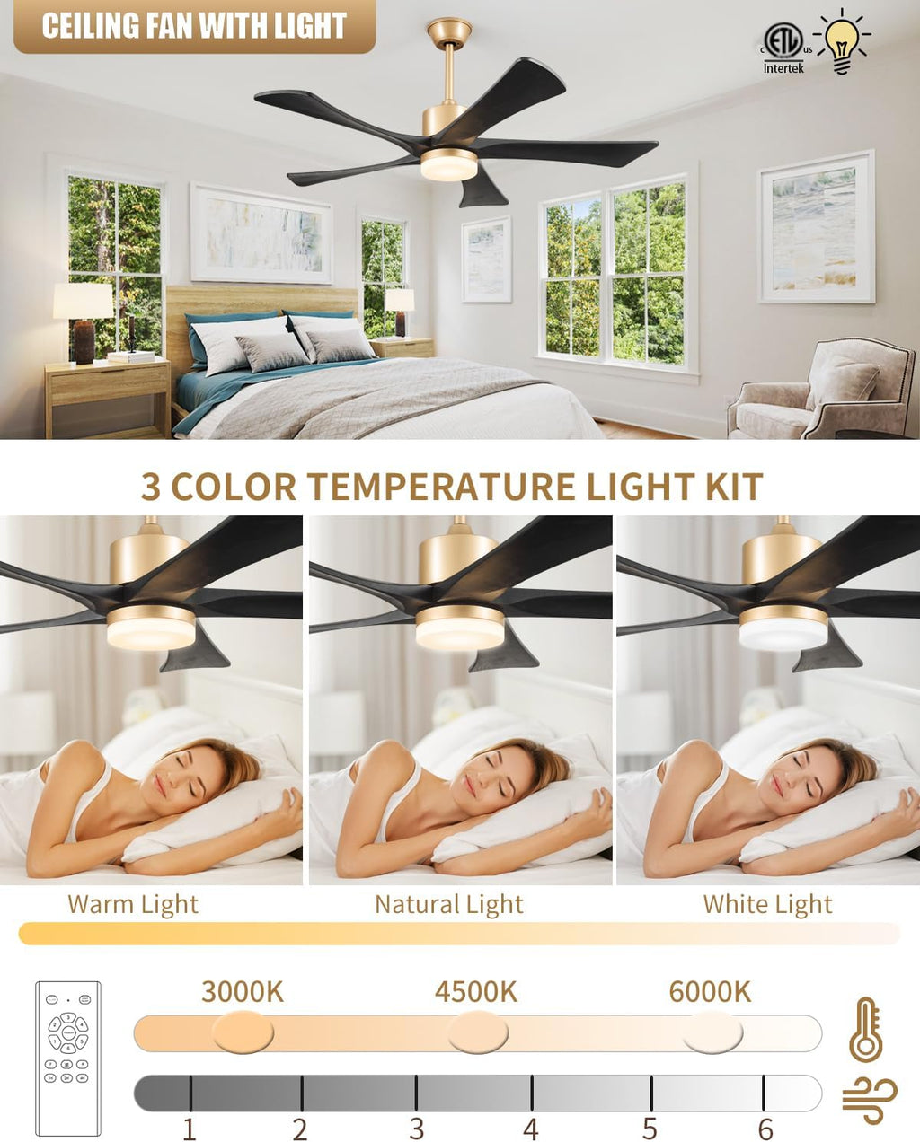 52' Black and Gold Ceiling Fan with Lights and Remote, Indoor/Outdoor Ceiling Fan for Patios, USA Original Patent, ETL Listed, 3 Downrod, 5 Blades, 6 Speeds Reversible DC Motor Fan, 52', Gold Black