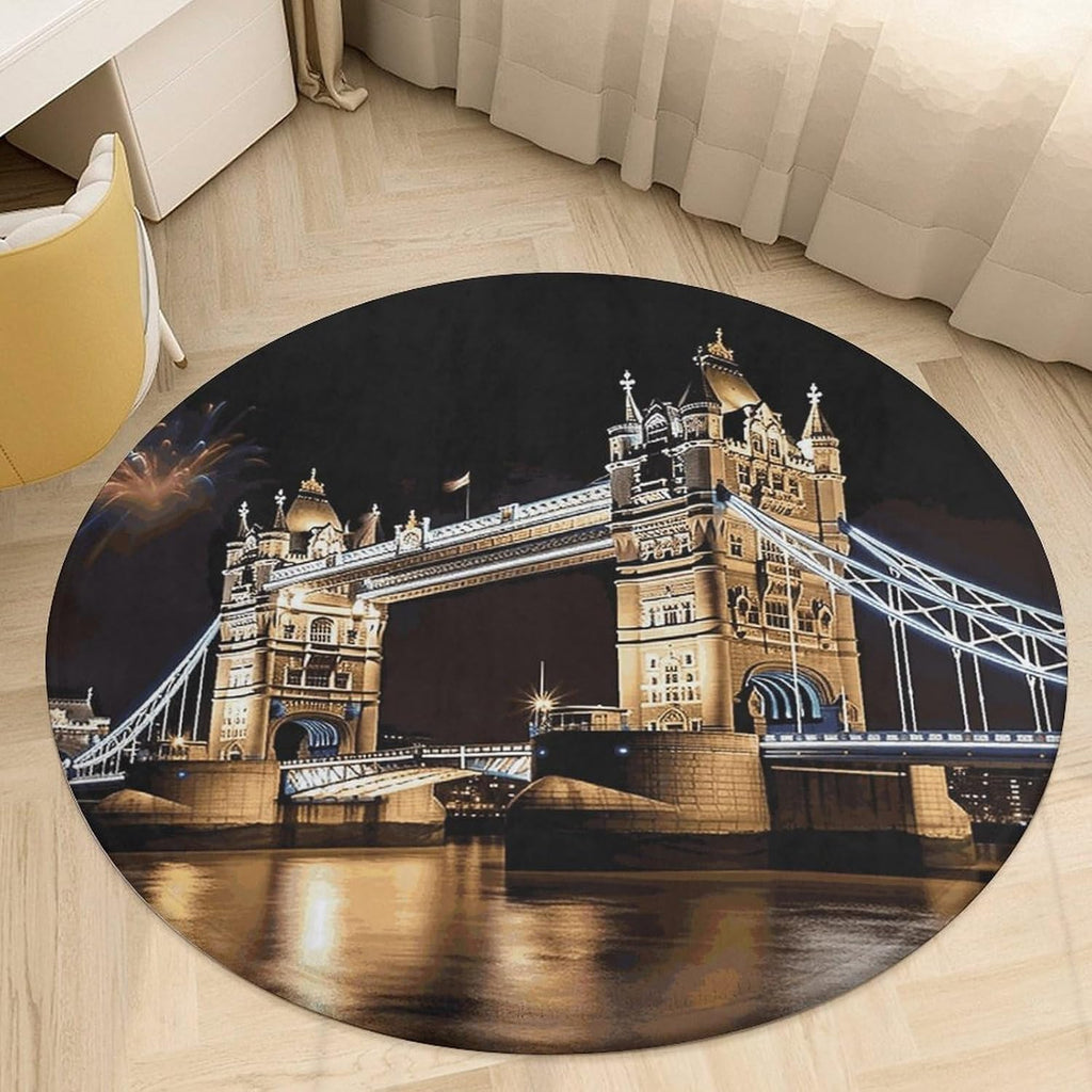 Night London Tower Bridge Coral Velvet Round Floor Mat Non-Slip Bath Rug Floor Covering for Bathroom Vanity Guest Suite & Vacation Home