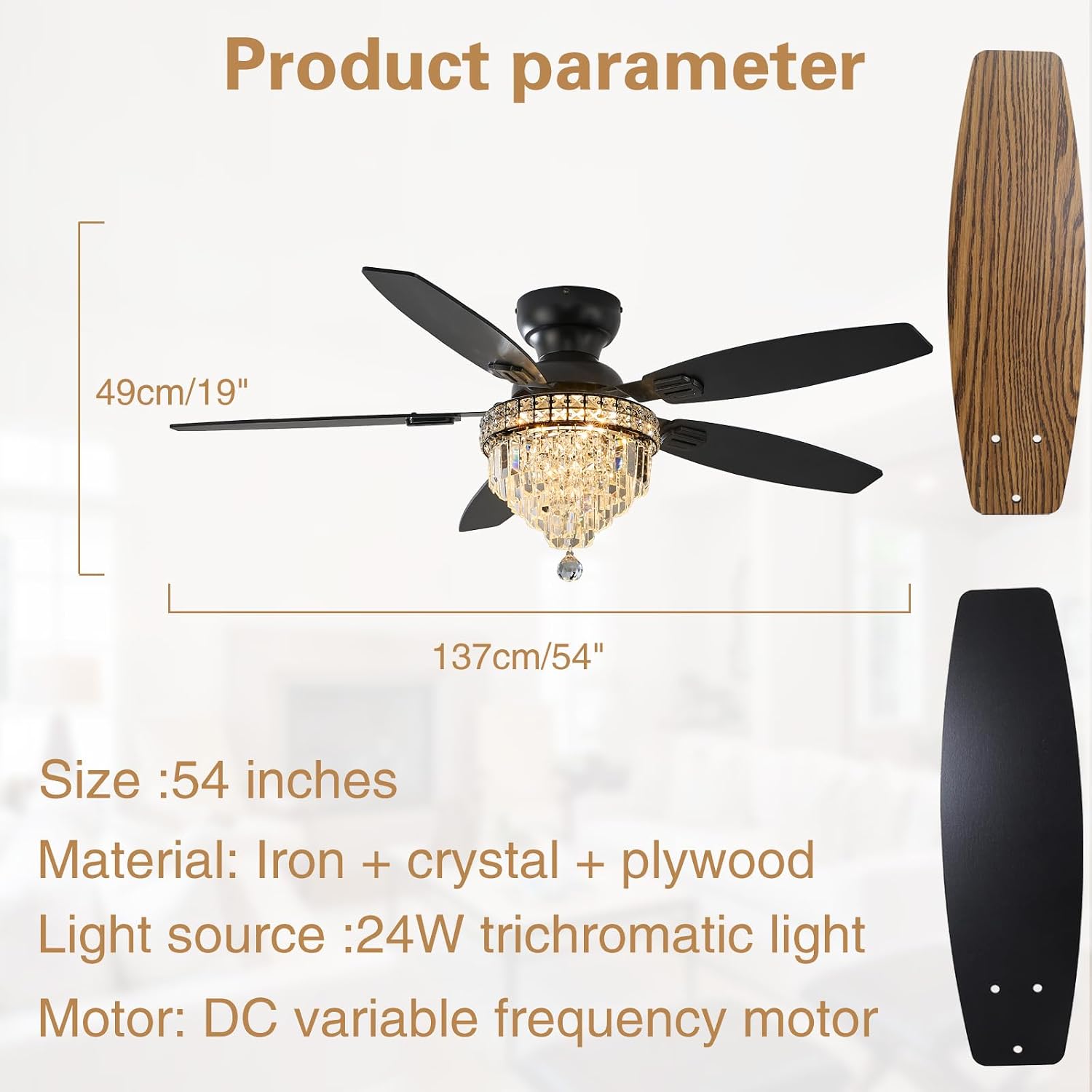 Crystal Ceiling Fan Fandelier with Lights-Ceiling Fans with Lights,54' Low Profile and Remote Control, Flush Mount, Reversible, Dimmable, Noiseless, Black Ceiling Fan for Bedroom