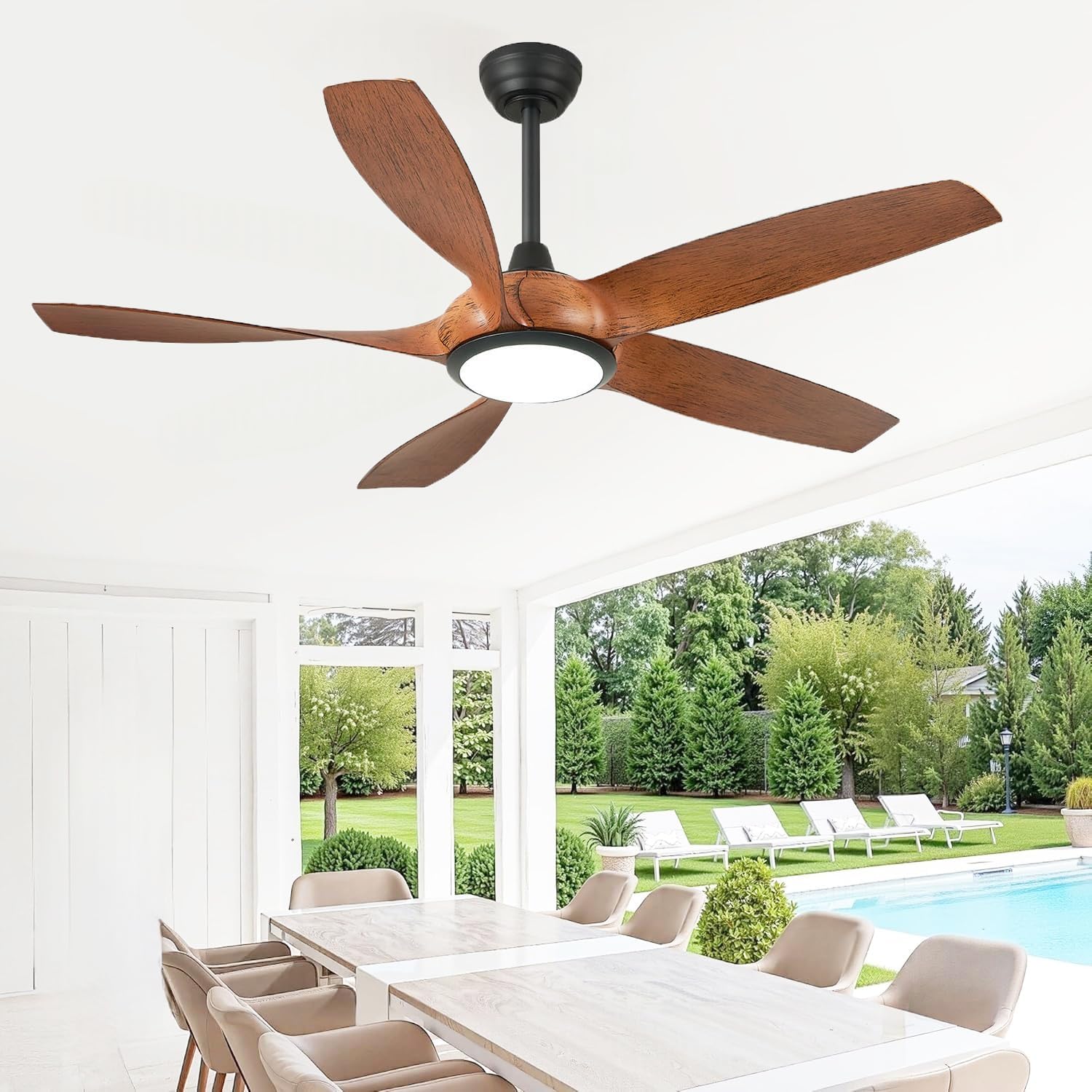 54'' Ceiling Fans with Lights, Indoor/Outdoor Modern Ceiling Fan with Remote, 5 ABS Blades, Reversible DC Motor, 6 Speeds, 3 Color Lights, ETL Listed, for Bedroom Living Room (Walnut)