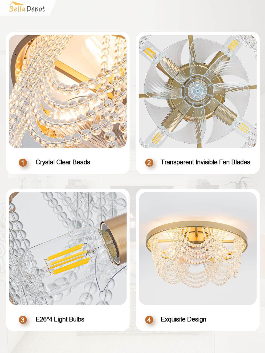 Bella Depot 20' Boho Ceiling Fan with Light, Flush Mount Beaded Fandelier Chandelier Fan, 6 Speeds Reversible Bladeless Ceiling Fan for Bedroom Living Room Kitchen (Crystal)
