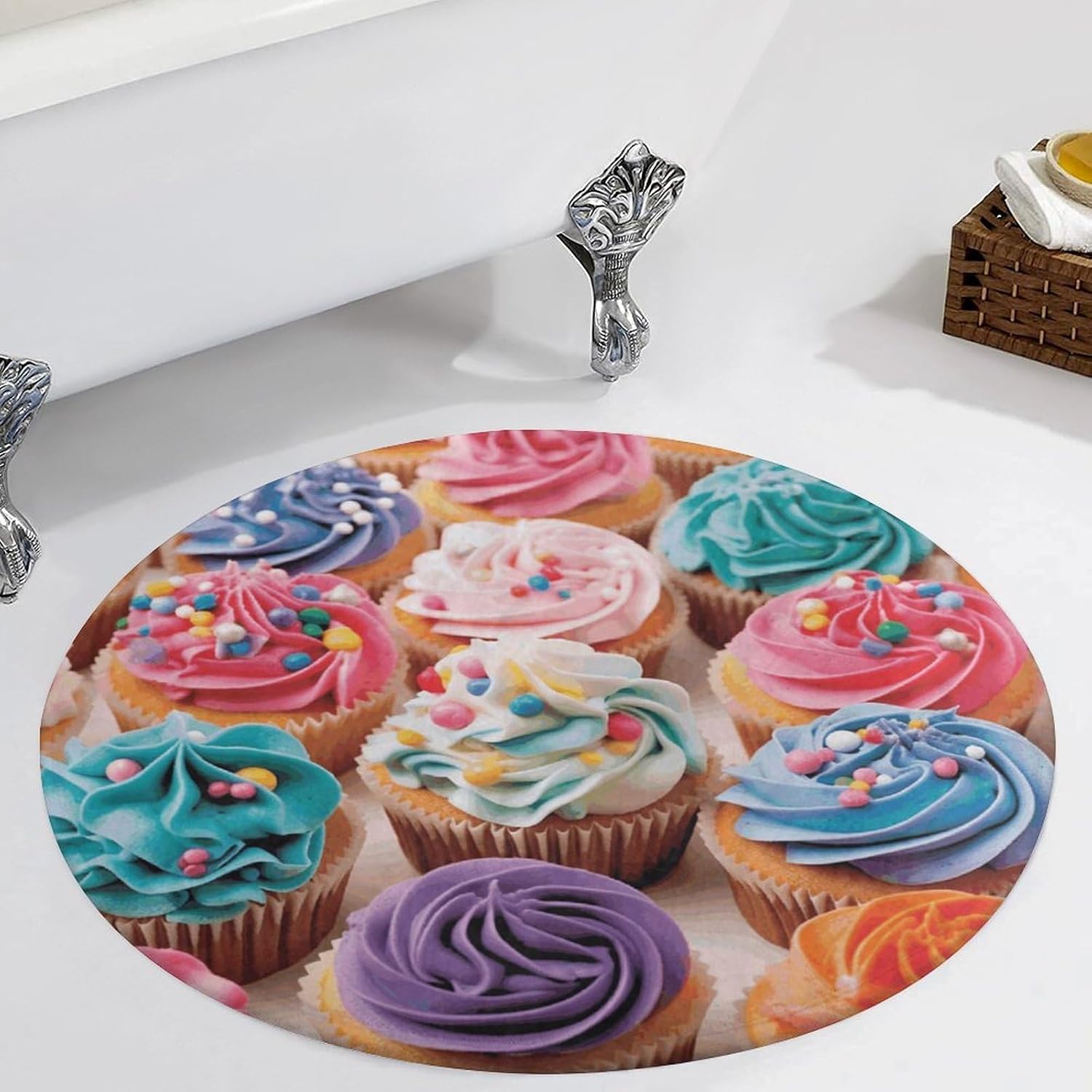 Birthday Cupcakes Coral Velvet Round Floor Mat Non-Slip Bath Rug Floor Covering for Bathroom Vanity Guest Suite & Vacation Home