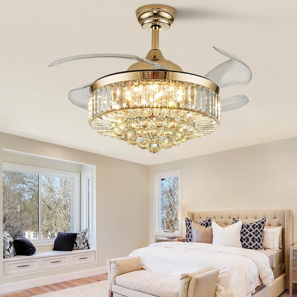 Modern Crystal Ceiling Fans with Lights and Remote Retractable Invisible Blades LED Dimmable Fandelier Gold Chandelier Ceiling Fan for Dining Room, Living Room, Bedroom 42 Inches