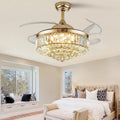 Modern Crystal Ceiling Fans with Lights and Remote Retractable Invisible Blades LED Dimmable Fandelier Gold Chandelier Ceiling Fan for Dining Room, Living Room, Bedroom 42 Inches