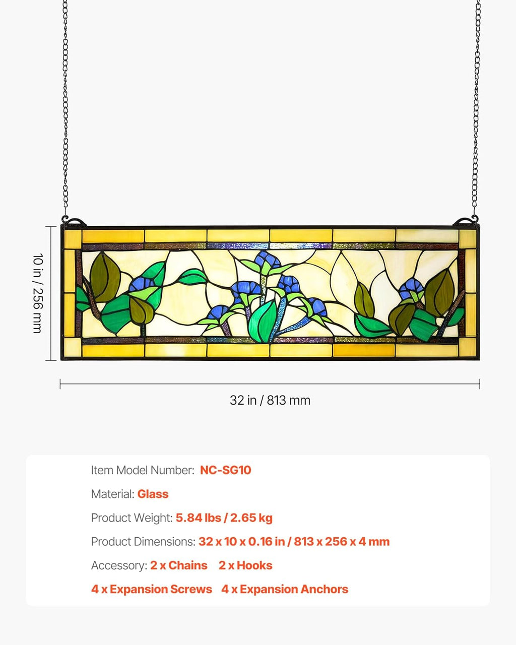 VEVOR Stained Glass Window Panel, 32.0' x 10.0' Tiffany Style Hanging Transom Window Panel with Chain, Large Horizontal Rectangle Stain Glass, Vintage Traditional Art Handcrafts for Kitchen Home Decor