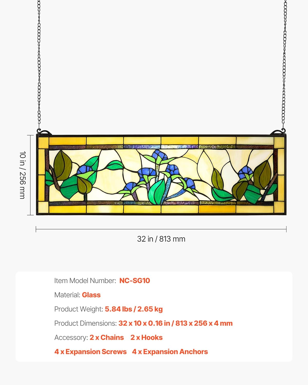 VEVOR Stained Glass Window Panel, 32.0' x 10.0' Tiffany Style Hanging Transom Window Panel with Chain, Large Horizontal Rectangle Stain Glass, Vintage Traditional Art Handcrafts for Kitchen Home Decor