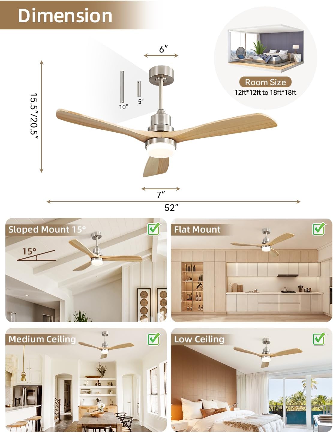 Sofucor 52 Inch Smart Ceiling Fans with Lights and Alexa/Google Assistant/APP/Remote Control-Modern Outdoor 3 Solid Wood Blades Ceiling Fan for Bedroom Living Room Patio, Sandy Nickel&Natural Wood