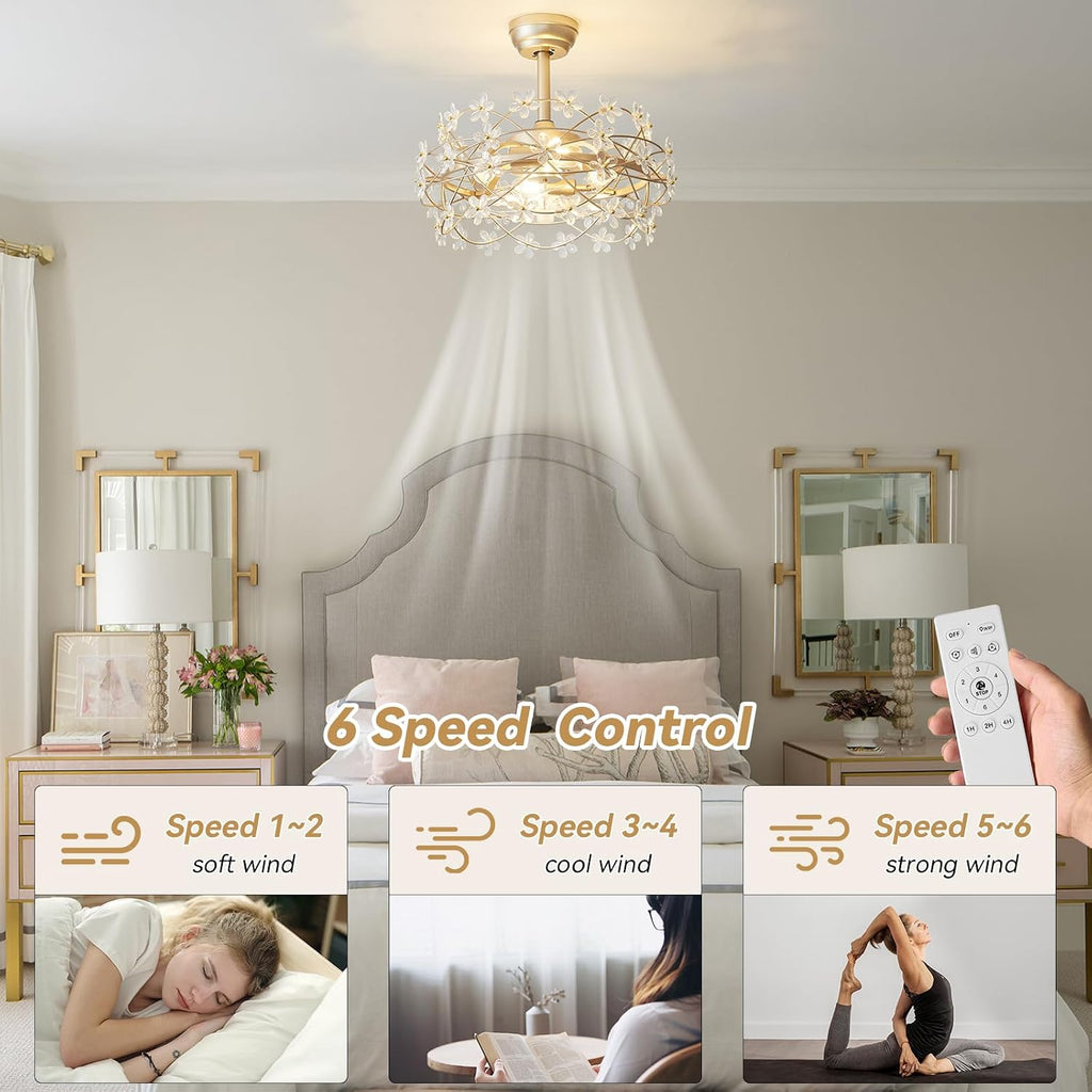 20' Gold Crystal Fandelier Ceiling Fans with lights, Gold Caged Flower ceiling fan with Remote Control, Chandelier with 6 Speeds for Bedroom, Nursery, Living Room