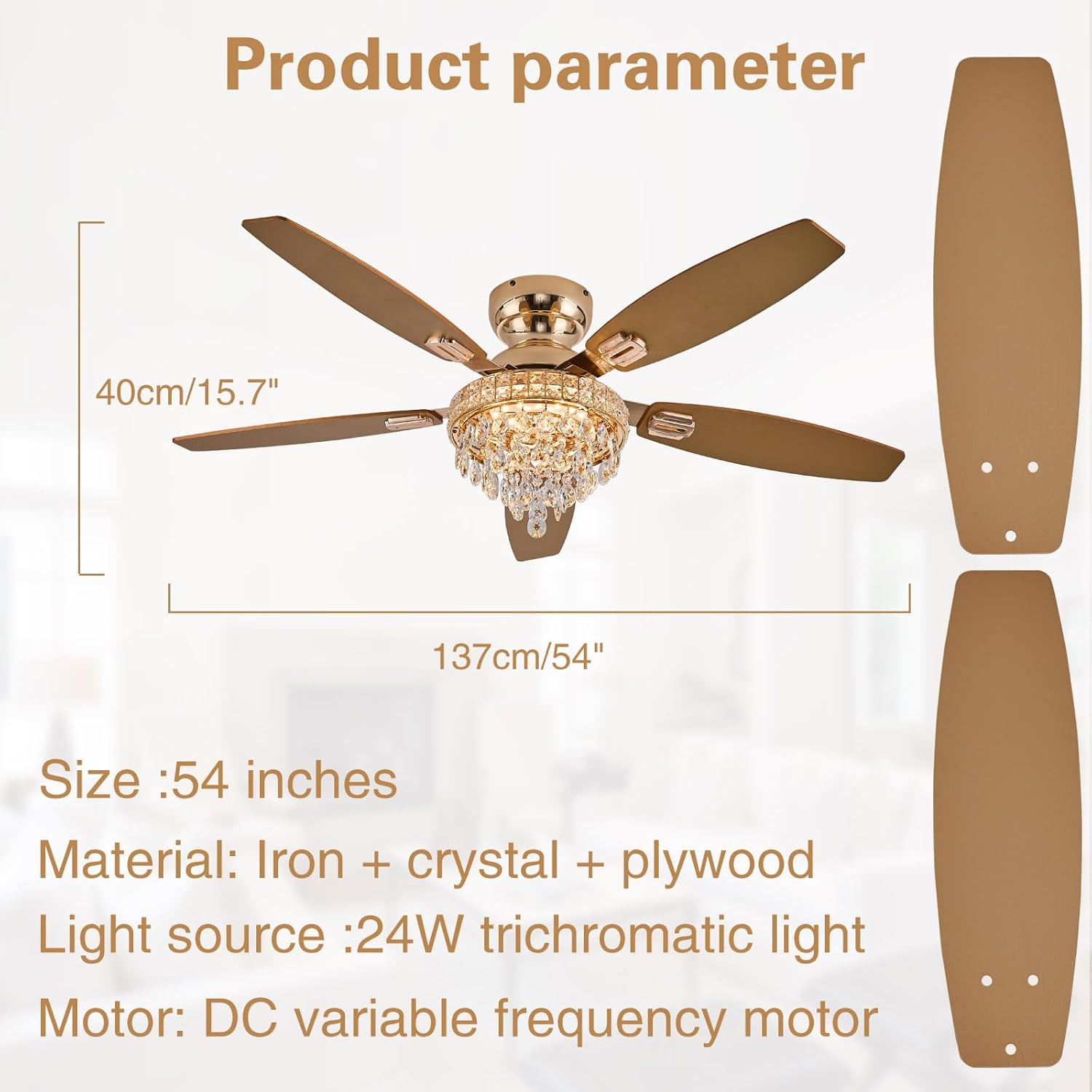 Crystal Ceiling Fan Fandelier with Lights-Ceiling Fans with Lights,54' Low Profile and Remote Control, Flush Mount, Reversible, Dimmable, Noiseless,Gold Ceiling Fan for Bedroom