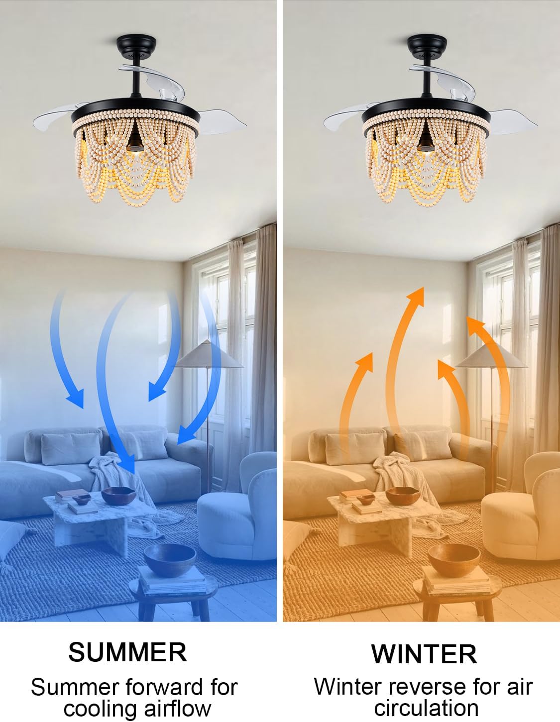 42 Inch Boho Retractable Ceiling Fan with Lights Boho Fandelier Ceiling Fan Wood Beaded Coastal Chandelier, 6 Speeds Reversible Quiet DC Motor 3 E26 for Bedroom Living Room