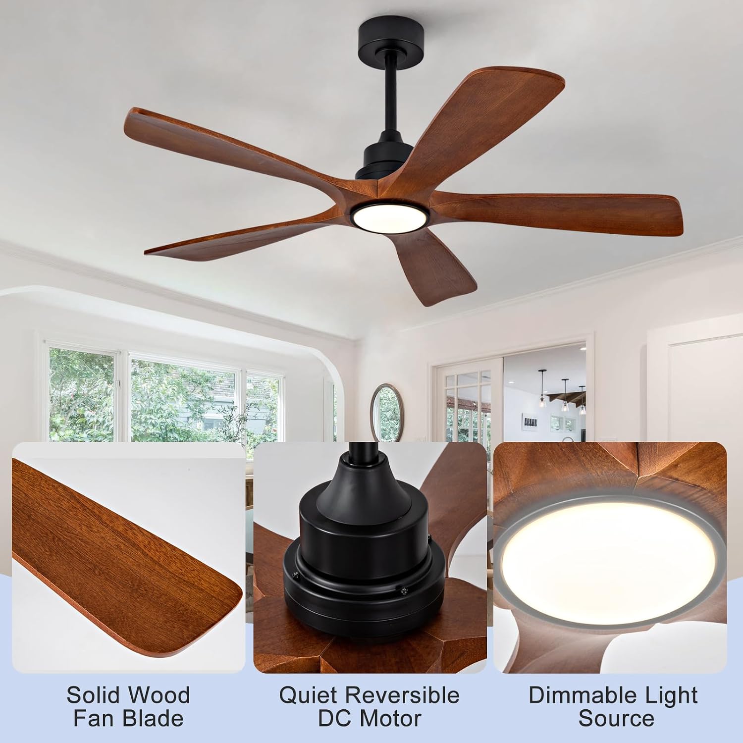 52 Inch Modern Ceiling Fans with Lights and Remote, 5 Blade Wood Ceiling Fan with Light, Wall Switch, Dimmable, Memory Function, Quiet DC Motor, Indoor Outdoor Ceiling Fan for Patio Living Room