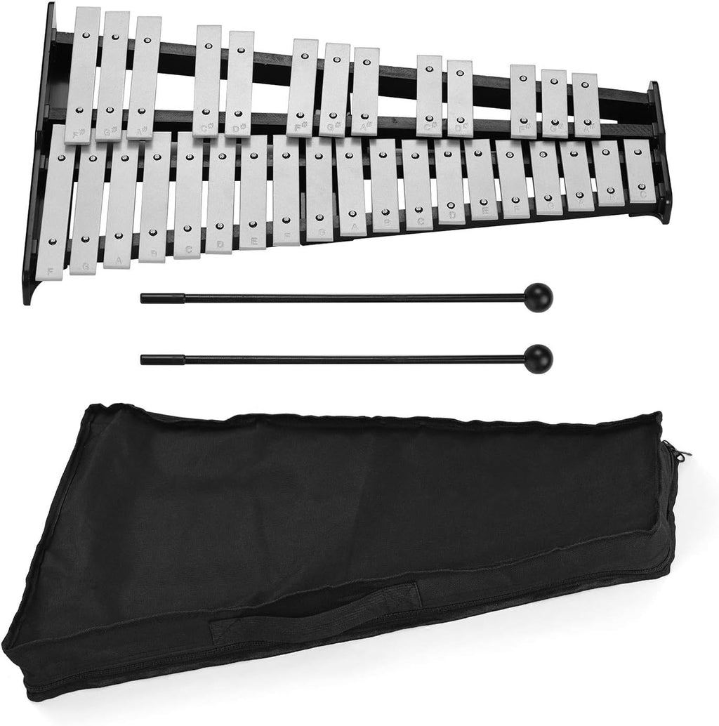 32 Note Glockenspiel Bell Kit Wooden Base Aluminum Bars Percussion Instrument with Bag for Adults with Mallets