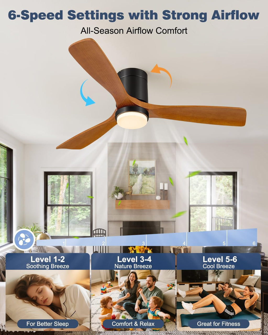 60 Inch Ceiling Fans with Lights Remote, 60' Flush Mount Outdoor Ceiling Fan Exterior, 3 Wood Blades, 6 Speeds, Timer, Quiet DC Motor Modern Low Profile Fan for Patio, 60in,Brown and Black