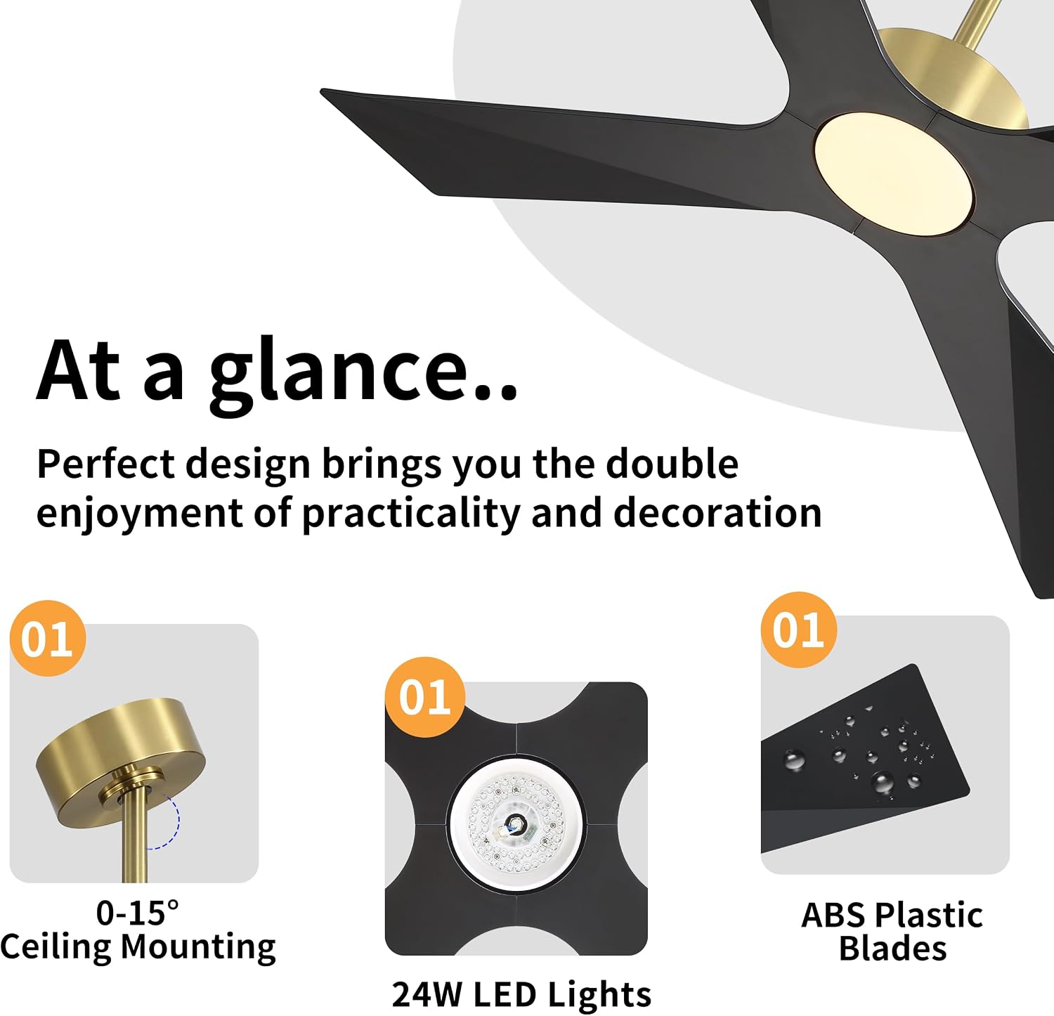 WINGBO 64' Wet Rated Outdoor Ceiling Fan with Lights, 4 ABS Plastic Blades, Reversible DC Motor, 6-Speed Remote Control, 3 CCT, Waterproof Ceiling Fan for Patio Porch Gazebo Garage, Brass and Black