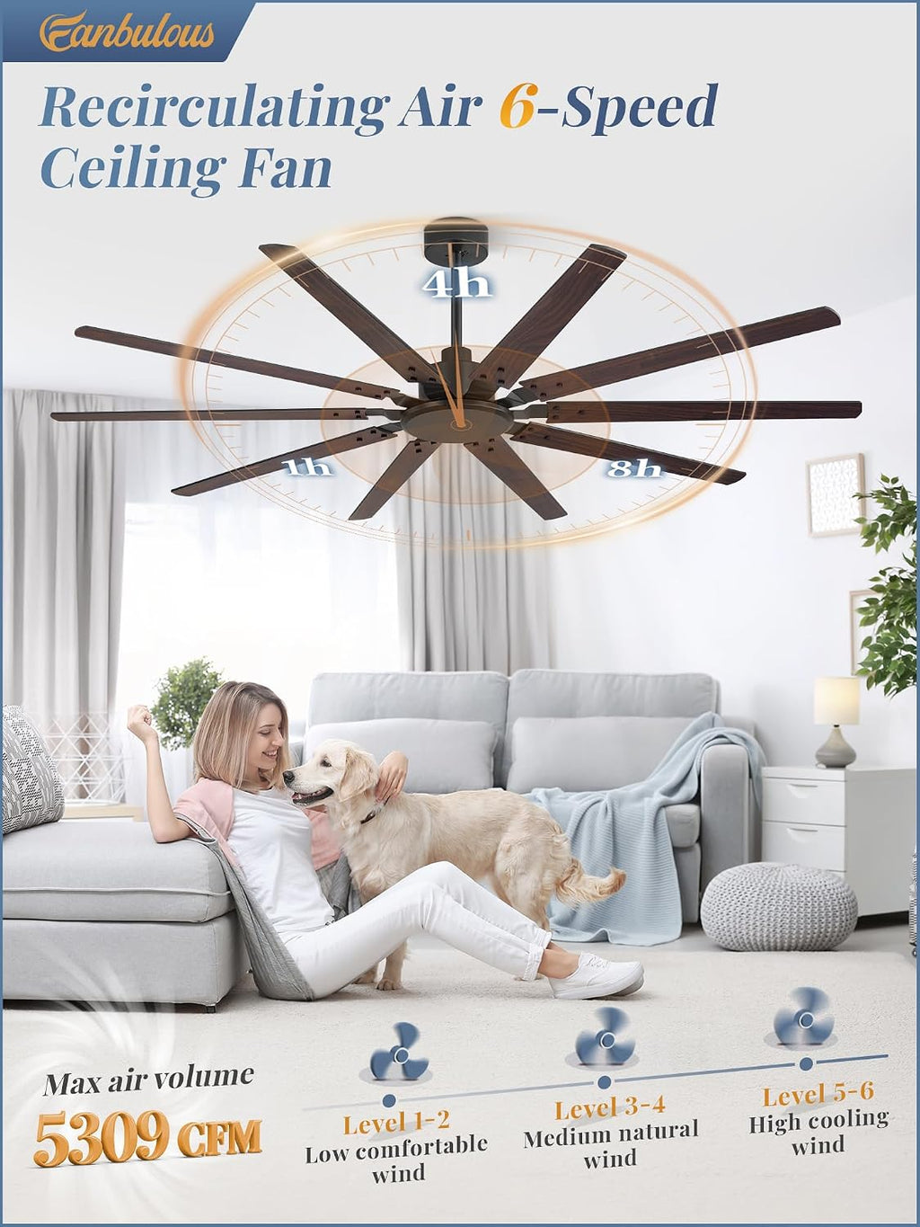 Fanbulous 72 Inch Large Ceiling Fan Without Light, Modern Indoor/Outdoor Ceiling Fans No Light with Remote,6-Speed Reversible Quiet DC Motor, 10 Blade for Bedroom,Living Room,Patio,Garage(Black)