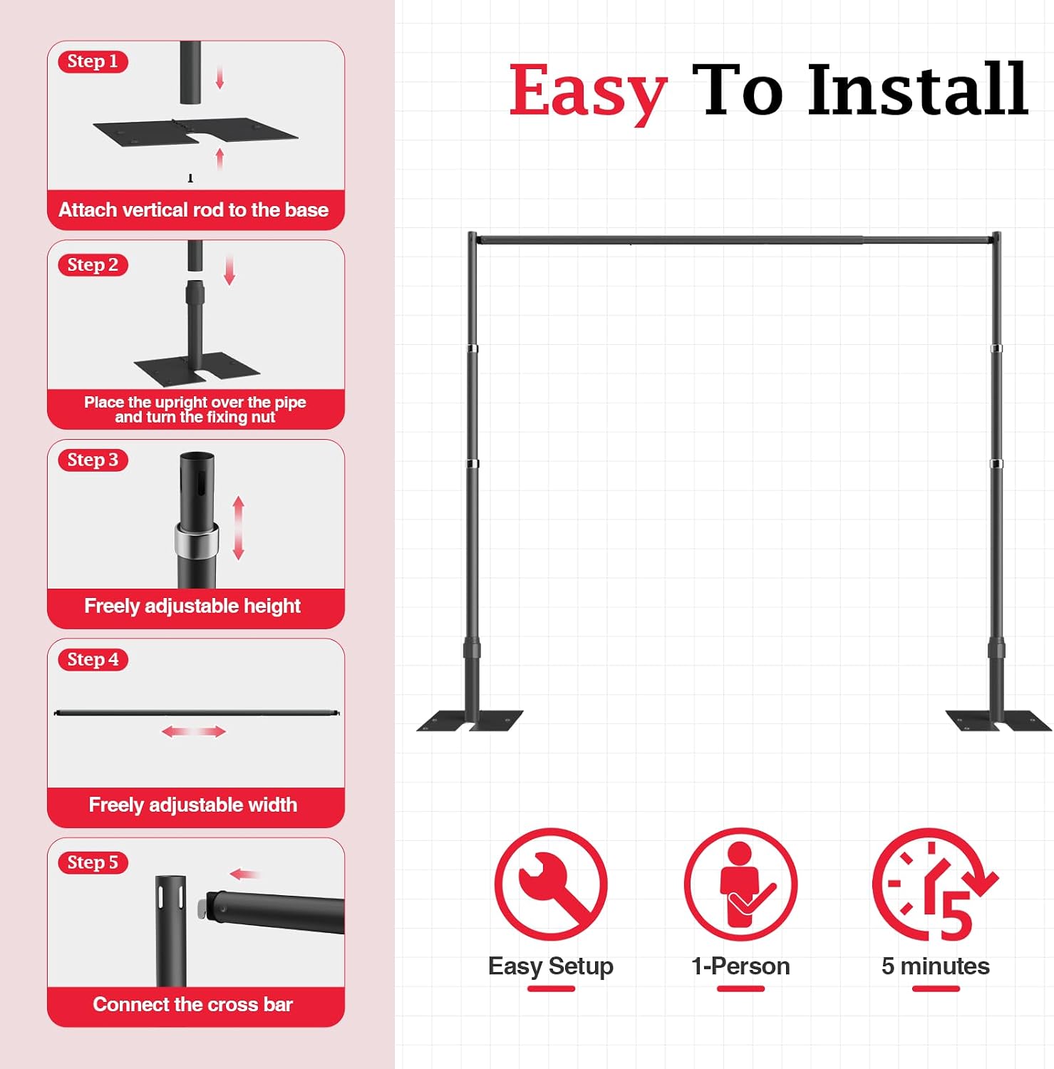 EMART Pipe and Drape Backdrop Stand Kit, 8.9ftx10ft Heavy Duty Adjustable Photo Background, Metal Frame with Flat Base for Wedding, Birthday Party, Banquet Decorations - Black