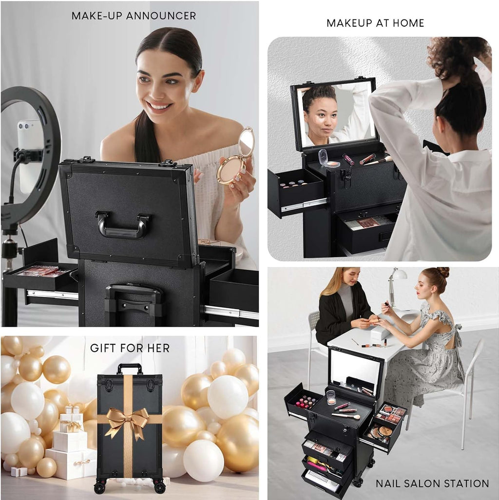 Faquenc Rolling Makeup Case with lighted mirror, Cosmetology Case on Wheels with LED Mirror, Professional Salon Trolley Cart with Drawer,Travel Makeup Lockable Beauty Organizer with Live Stream Light