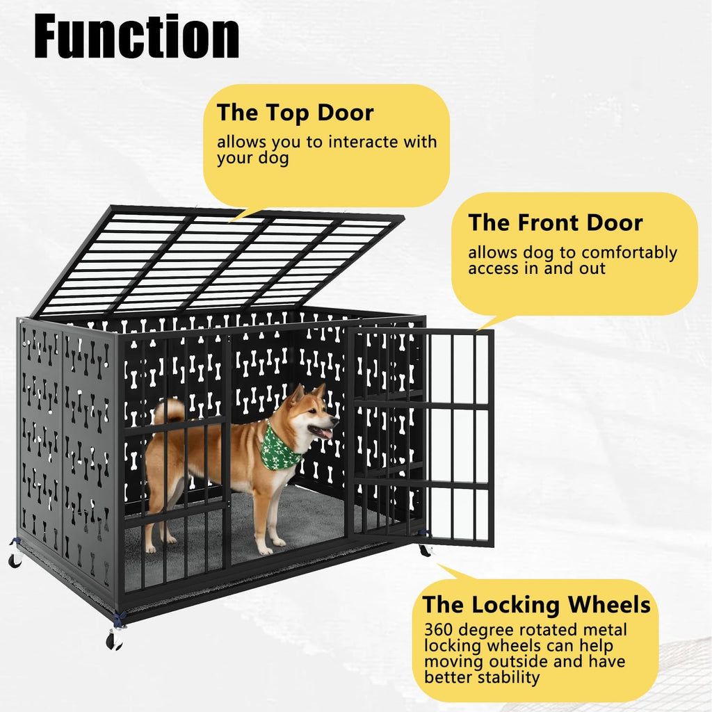 LEMBERI 48' Heavy Duty Indestructible Privacy Enclosed Dog Crate with Mat, 500lbs Capacity Escape Proof Dog Kennel, 36' Tall High Anxiety XL Metal Dog Cage with Lockable Wheels, Removable Tray, Black