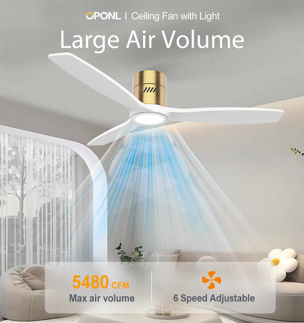 OPONL 52 Inch Natural Wood White Ceiling Fan with Light, Remote Control, Noiseless,Reversible, 6CCT, Dimmable, Timeable, Flush Mount Ceiling Fans with Lights for Bedroom,Indoor/Outdoor Use