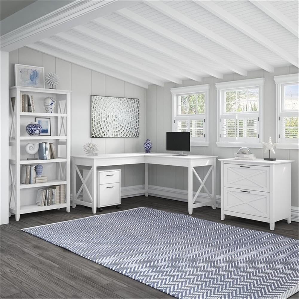 Bush Home Key West 60W L Shaped Desk with File Cabinets and 5 Shelf Bookcase in Pure White Oak