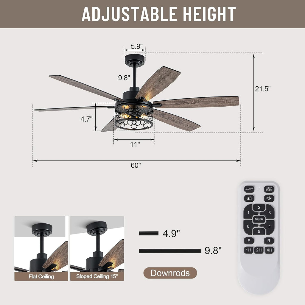 60' Large Ceiling Fans with Lights, Modern Farmhouse Caged Ceiling Fan with Light and Remote, Reversible Motor, 6 Double Finish Wood Blades, Black Rustic Industrial Ceiling Fan for Living Room