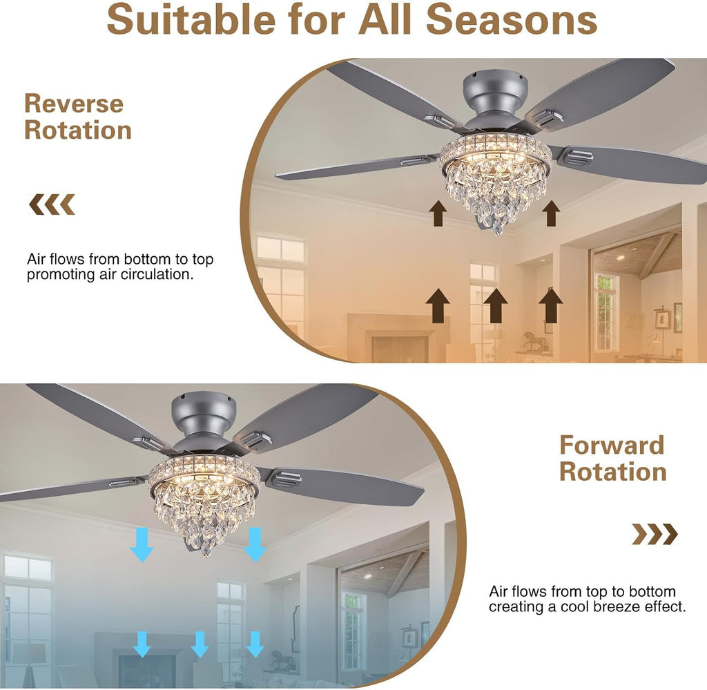 Crystal Ceiling Fan Fandelier with Lights-Ceiling Fans with Lights,50' Low Profile and Remote Control, Flush Mount, Reversible, Dimmable, Noiseless, Sliver Ceiling Fan for Bedroom