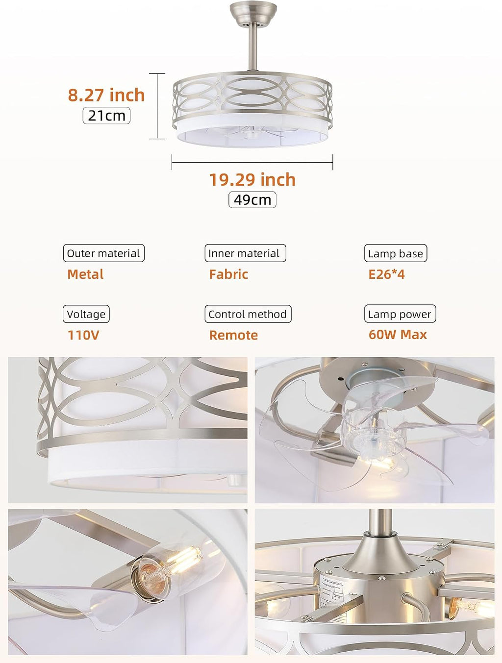 20' Silver Boho Ceiling Fan with Light, Caged Fandelier Ceiling Fans with Lights Remote Control with 6 Speeds for Bedroom, Living Room, Nursery