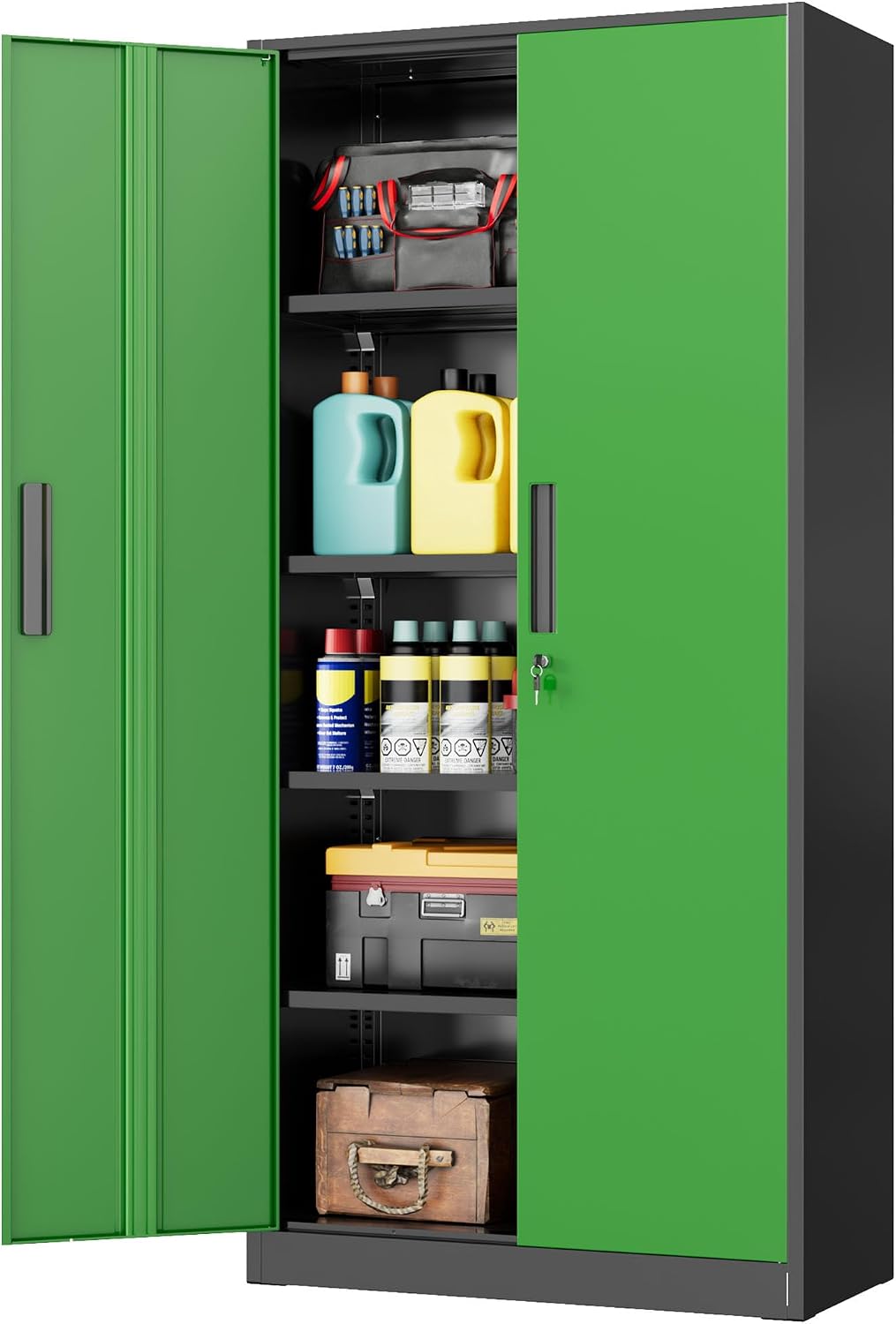 INTERGREAT Storage Cabinet with Doors and Shelves, Metal Garage Storage Cabinets with Lock, Black Lockable Steel Supply Cabinet for Home Office, Warehouse (Black Green)