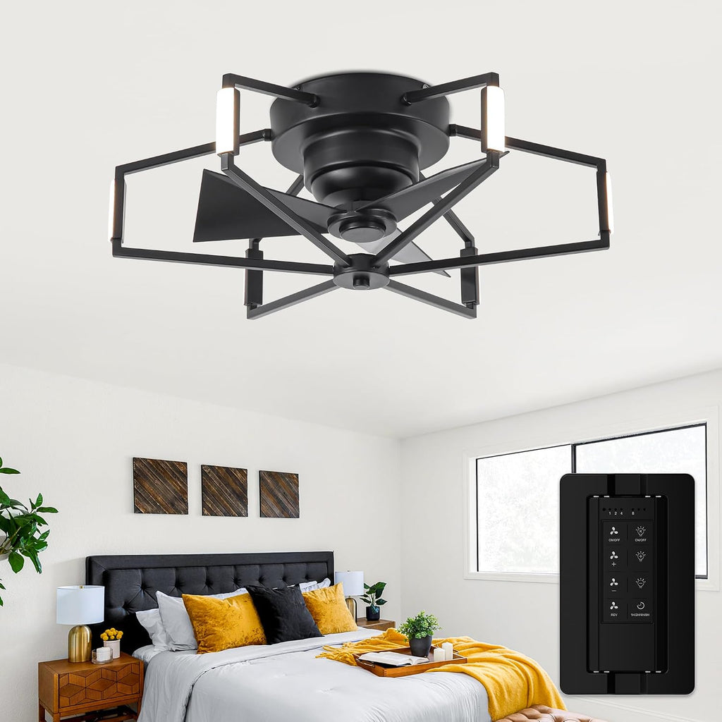 Low Profile Ceiling Fan with Lights and Remote, 21 Inch Flush Mount Black Ceiling Fan for Bedroom, Entryway, Hallway, 6-Speed DC Motor, Reversible 3 Blades, Dimmable LED, 3 Color Temperatures