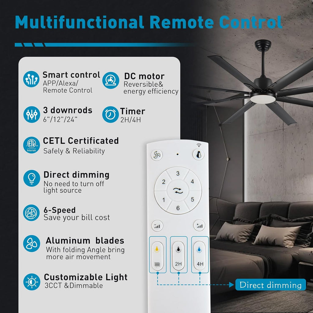 72 lnch lndustrial Smart Celing Fan with Light and Remote Control via WIFI Alexa,Large Celing Fan with 8 Black Aluminum Blades,6 Speed Noiseless DC Motor,Indoor Outdoor Ceiling Fans for Patio Garage
