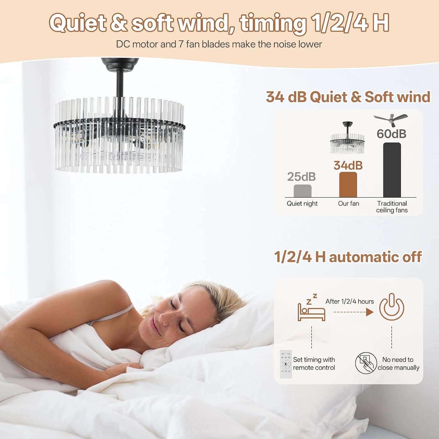 20' Black Crystal Fandelier Ceiling Fans with Lights, Black Crystal Chandelier Ceiling Fan with Light Remote Control, 6 Speeds for Bedroom, Living Room, Nursery