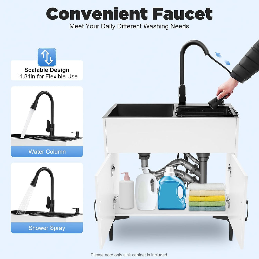 30-Inch Laundry Sink with Cabinet and Pull-Out Faucet, Stainless Steel Utility Sink with Cabinets, Freestanding White Cabinet with Sink for Laundry & Utility Room, Kitchen, Bathroom