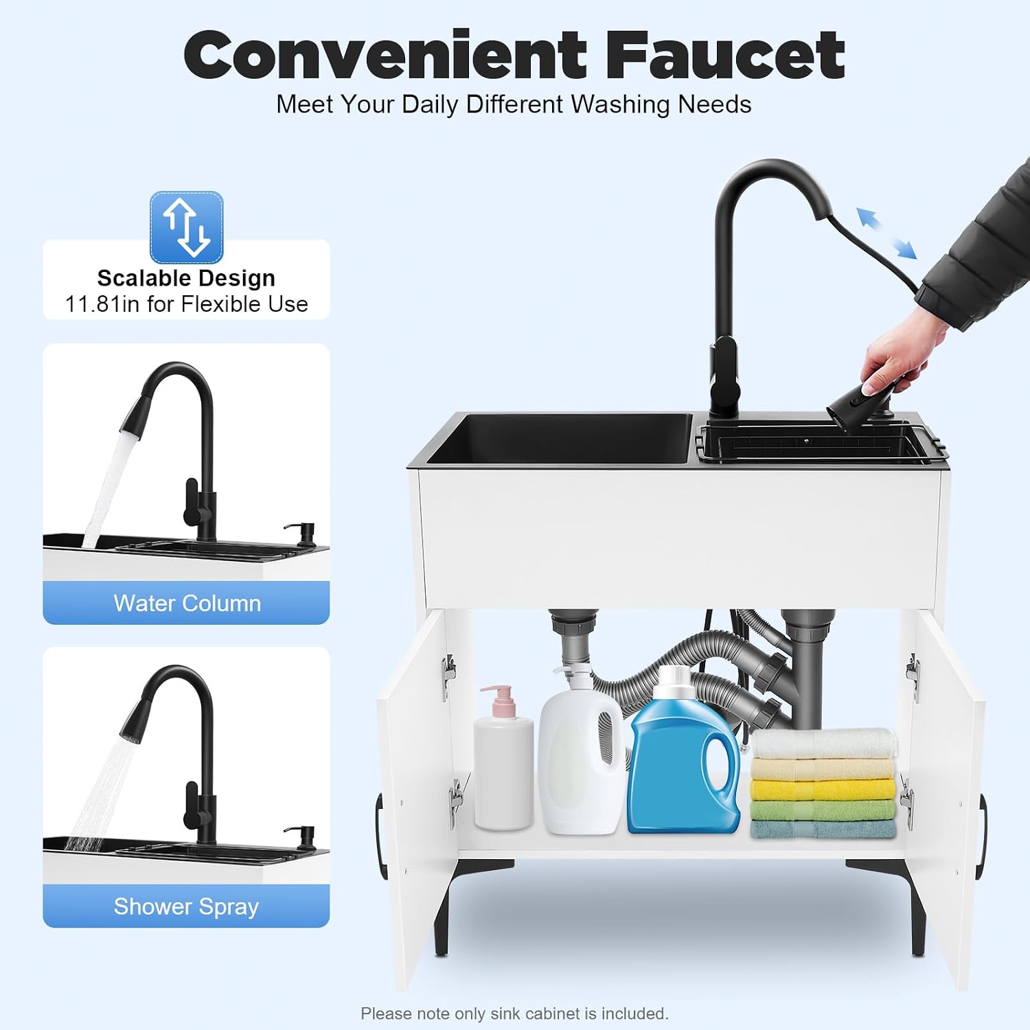 30-Inch Laundry Sink with Cabinet and Pull-Out Faucet, Stainless Steel Utility Sink with Cabinets, Freestanding White Cabinet with Sink for Laundry & Utility Room, Kitchen, Bathroom