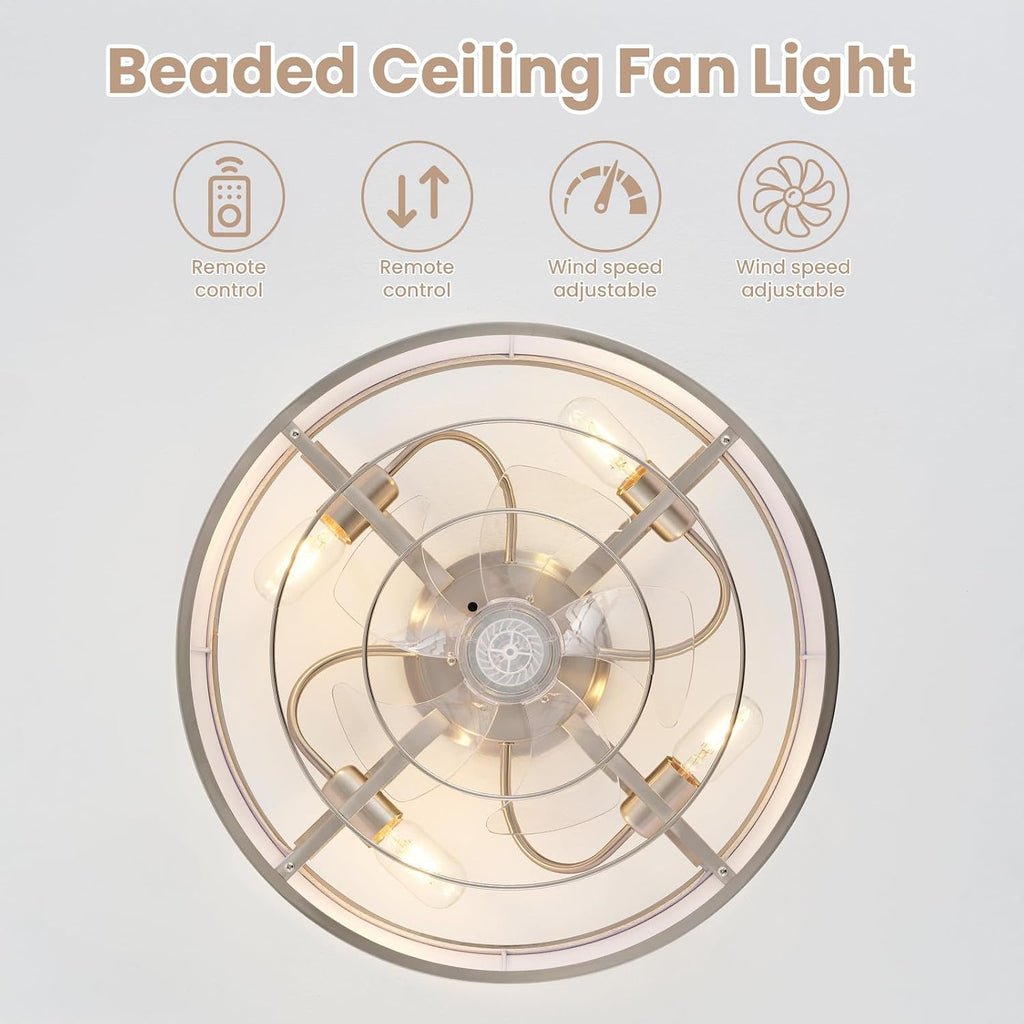 20 Inch Boho Ceiling Fan with Light, Low Profile Flush Mount Caged Ceiling Fan, Bladeless Silver Drum Chandelier with Remote, 6 Speed Reversible DC Motor for Bedroom Living Room, Nursery