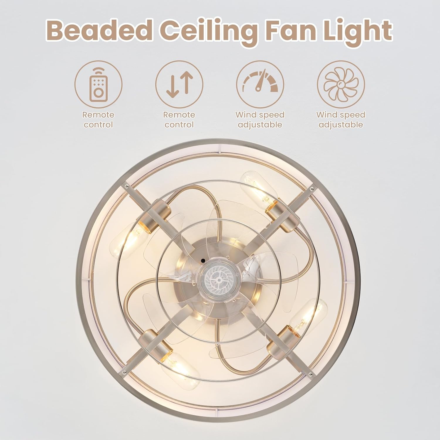 20 Inch Boho Ceiling Fan with Light, Low Profile Flush Mount Caged Ceiling Fan, Bladeless Silver Drum Chandelier with Remote, 6 Speed Reversible DC Motor for Bedroom Living Room, Nursery
