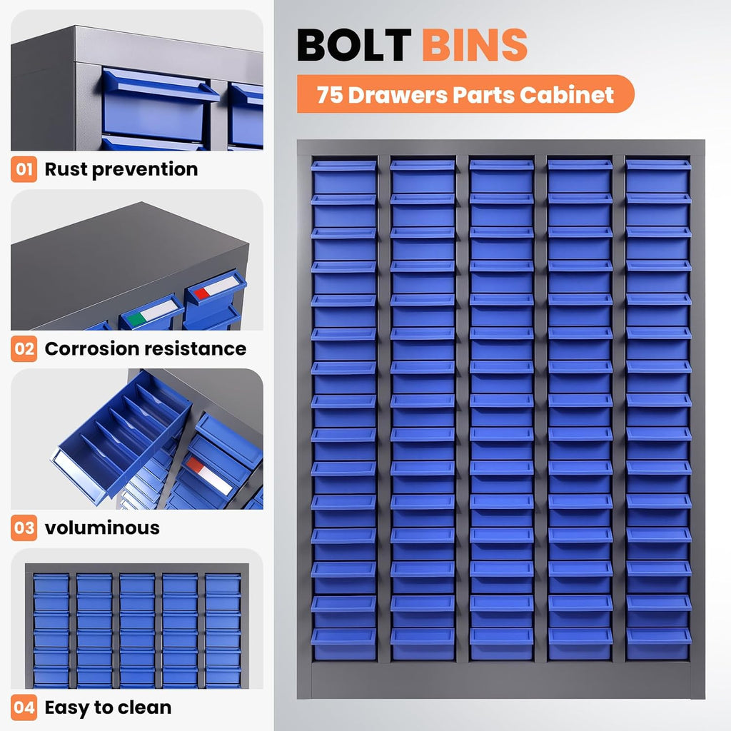 75 Drawers Parts Cabinet, Heavy-Duty Bolt and Nut Tool Storage Cabinet with Adjustable Shelves and Labels for Workshop Organization