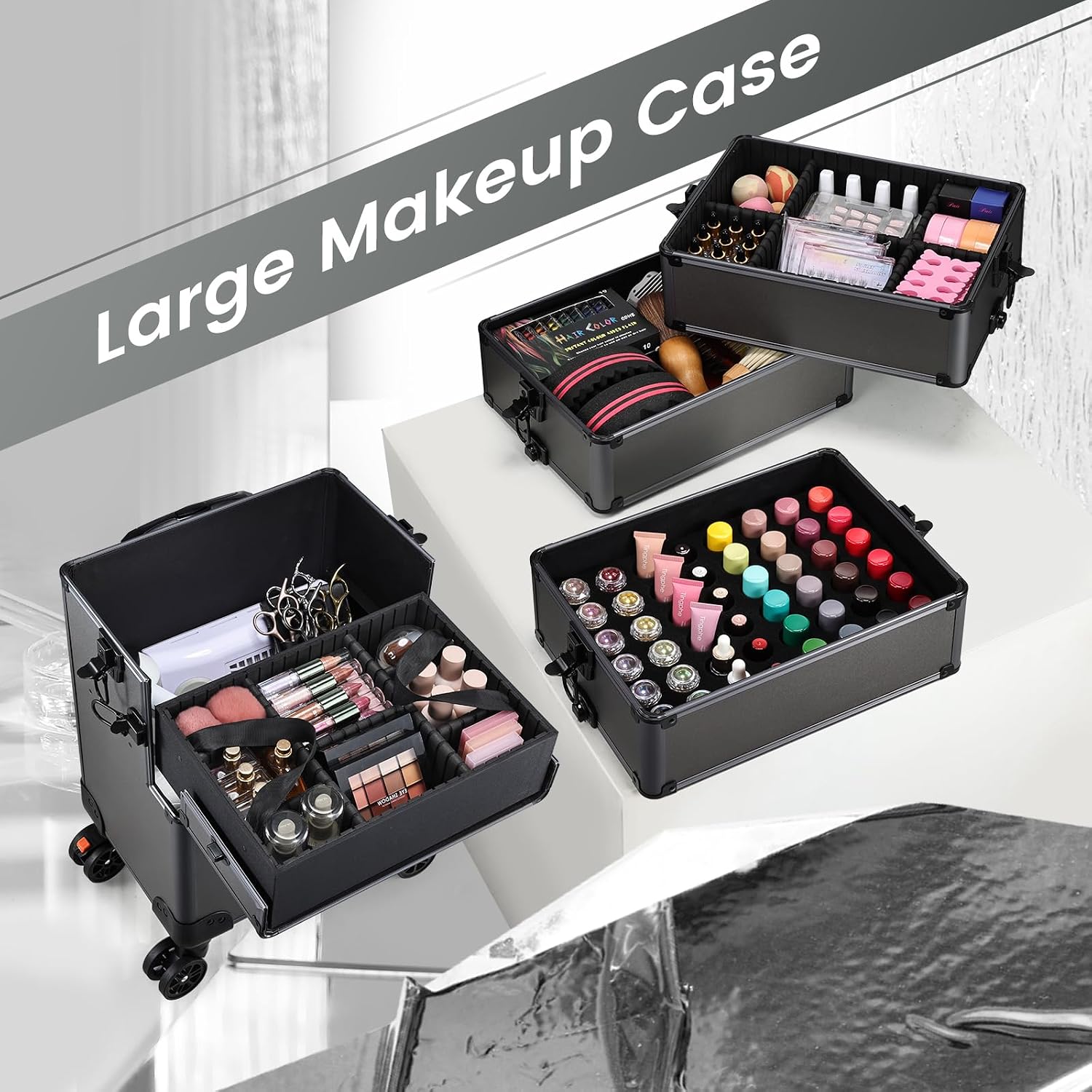 Yueieoun 5 in 1 Makeup Train Case, Cosmetology Case on Wheels Travel Make up Case Rolling Nail Cart Makeup Organizer Cosmetic Storage Box Cases Extra Large Trolley Truck, 360° Swivel Wheels, Ashy Grey