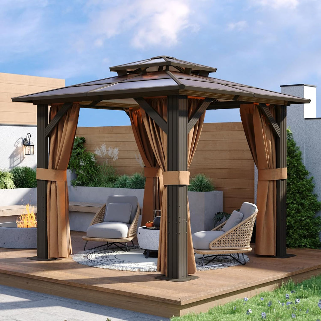 Aoxun 8'x8' Hardtop Gazebo, Metal Frame Permanent Pavilion with Curtains and Netting, Outdoor Polycarbonate Double Roof Canopy, Designed for Garden, Lawns, Patio, Brown