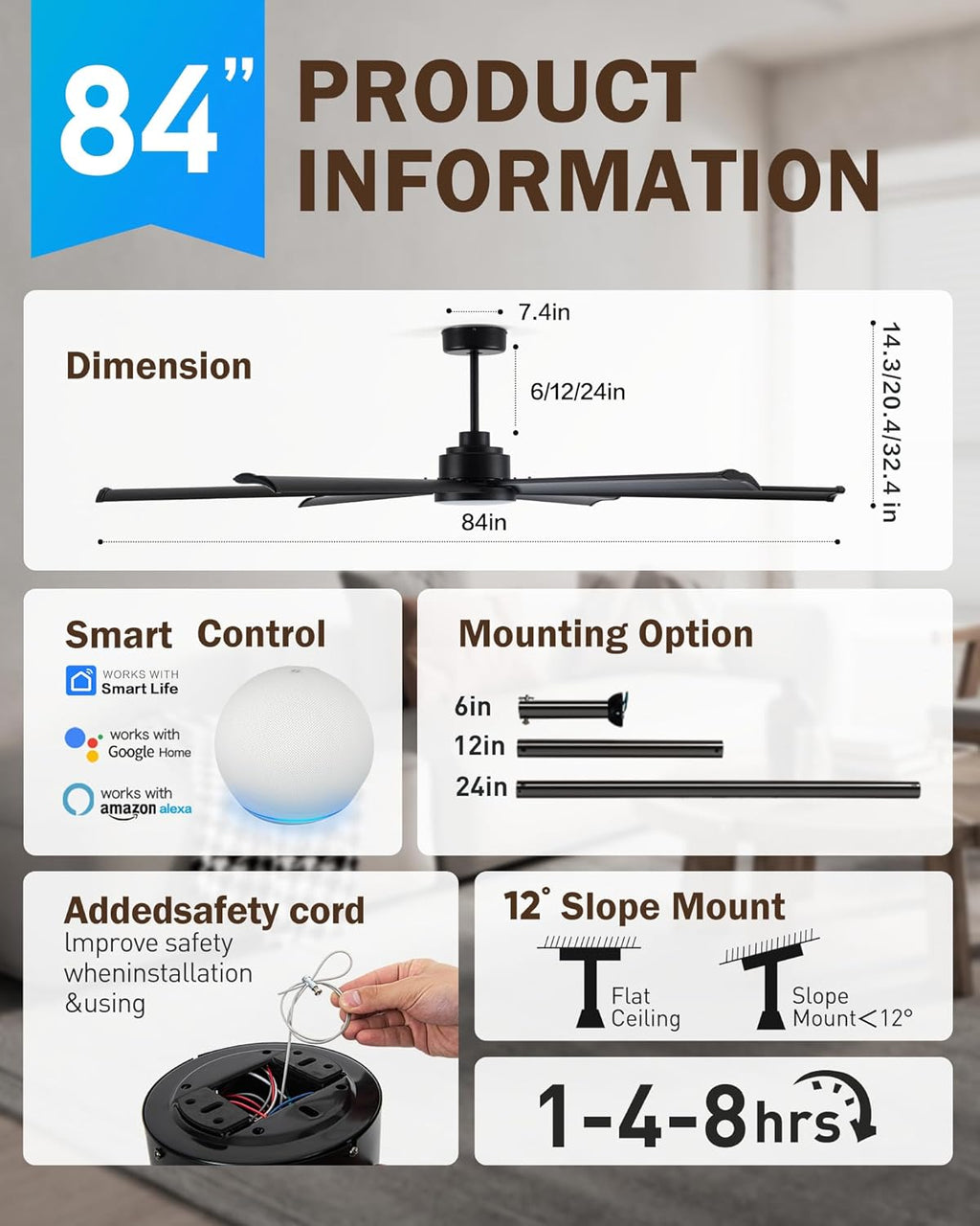 Minislak 84' Smart Alexa Industrial Ceiling Fans with Light,6 Dual-Layer Aluminum Blades,Large Black Ceiling Fan with 6 Speed Noiseless DC Motor,Indoor/Outdoor Ceiling Fan for Patio